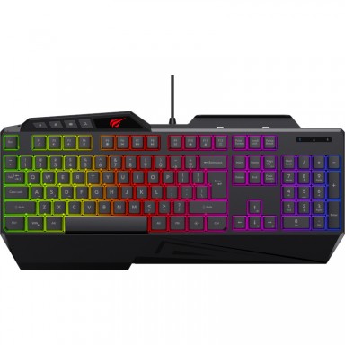 Tastatura gaming HAVIT KB488L, USB, 108 taste, iluminare rainbow, 19 taste anti-ghosting, English Layout, suport smartphone, Negru